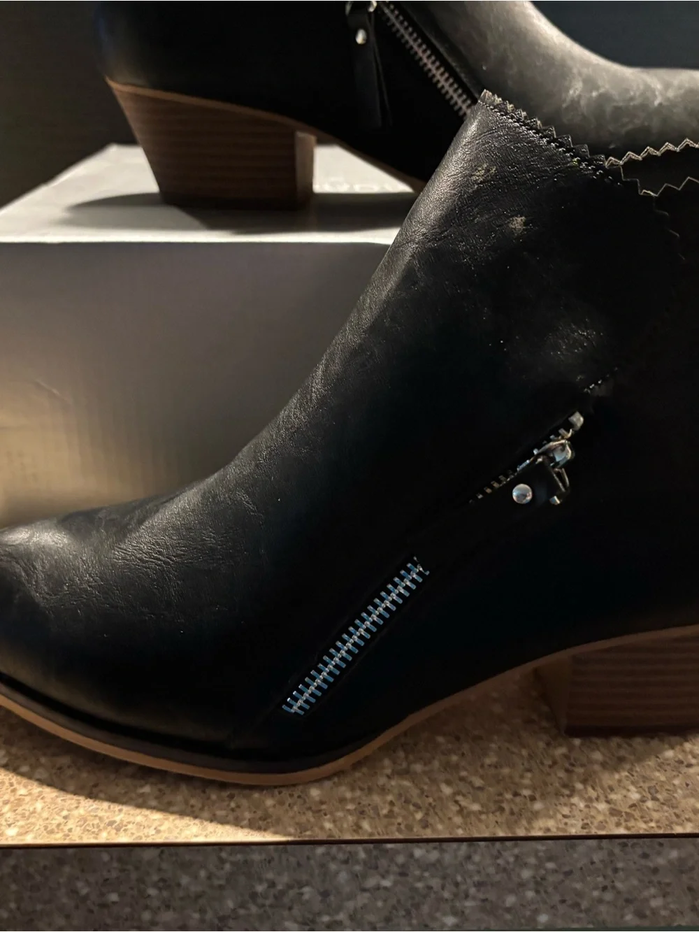 cloudwalkers Black Leather Ankle Booties with Stacked Wood-Tone Heel